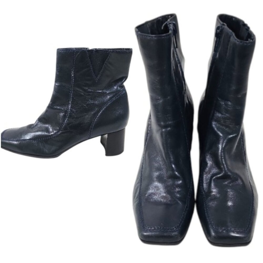 Nine West Navy Leather Ankle Boots - Size 6M Block Heel - Side Zip